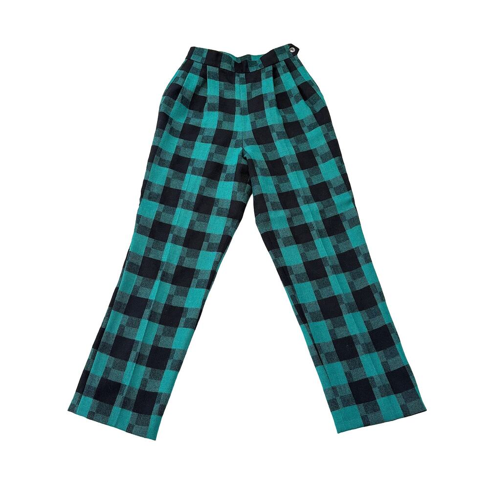 Point of View VTG Womens XS Green Black Plaid Wool Pants High Rise 80s Tapered